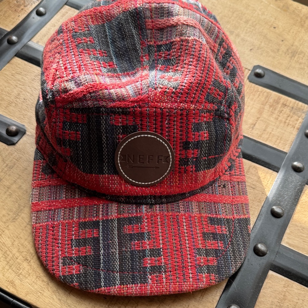 Neff Red and Black Woven Cap with Brown Logo
